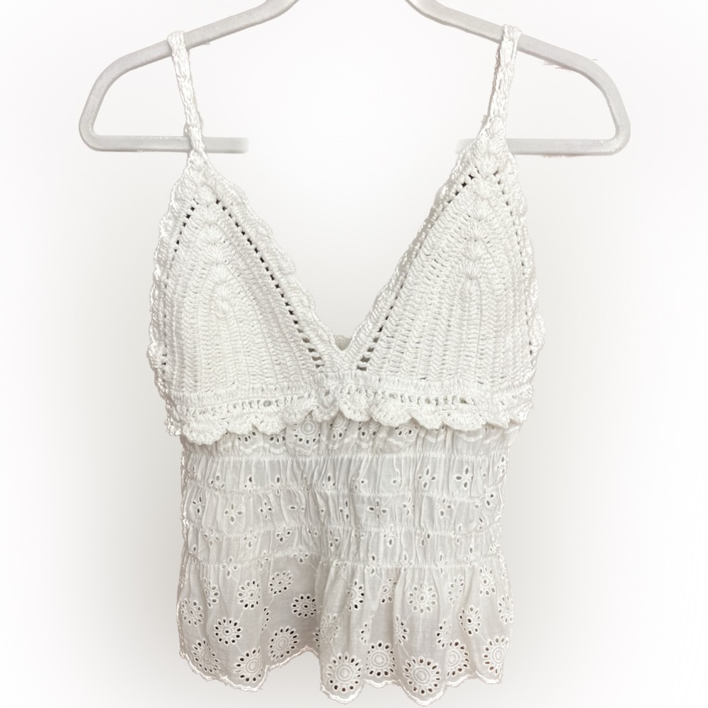 American Flirt Crochet Cami Tank Top Lace Eyelet Bodice V neck White Large